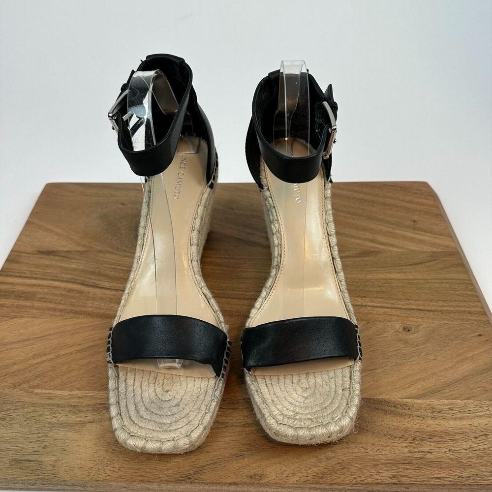 New Womens Vince Camuto Meddrina Black Leather Wedge Heels Sandals Size 11 M